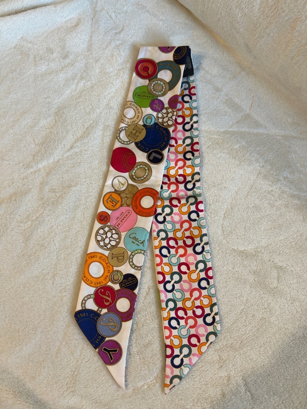 Coach Multicolor Logo Circles Silk Twilly Scarf - White Base